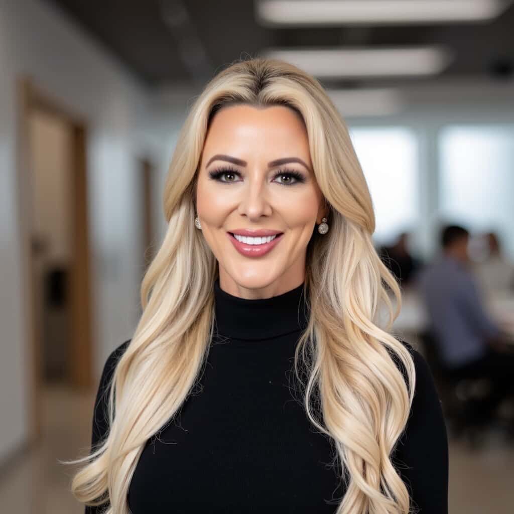 Confident blonde woman smiling in a modern office setting.